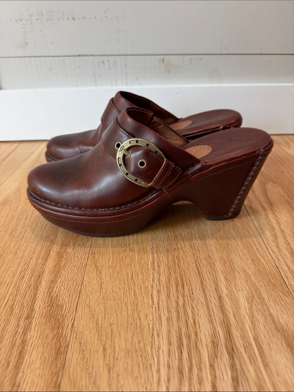 Ariat Brown Leather Platform Clog Mules with Brass Buckle